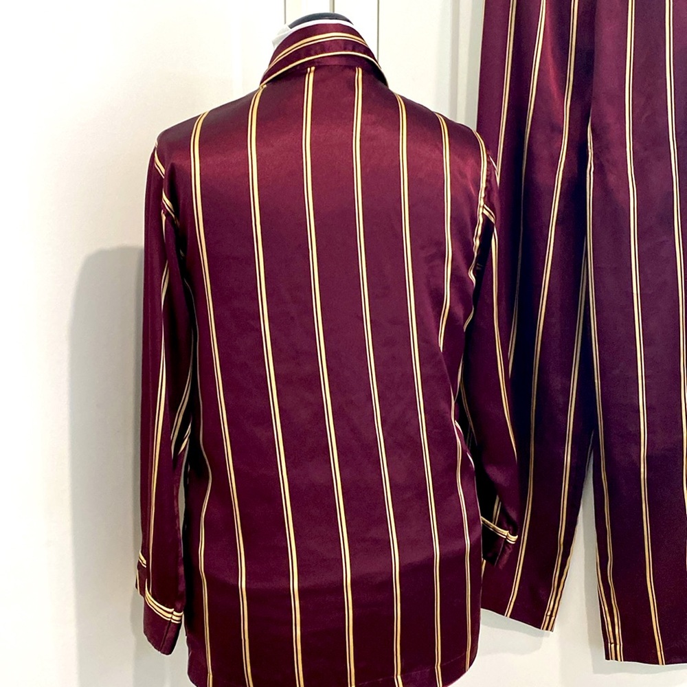 Vintage 90’s Victoria’s Secret Burgundy & Gold Stripe Satin Pajama Set| Size XS - Picture 4 of 10